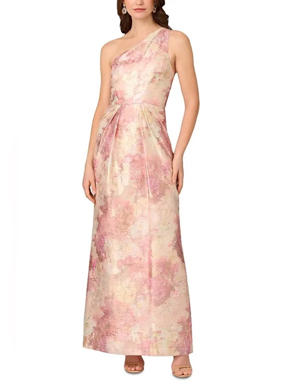 NWT! Aidan Mattox One-Shoulder Floral Jacquard Gown in Pink and Cream